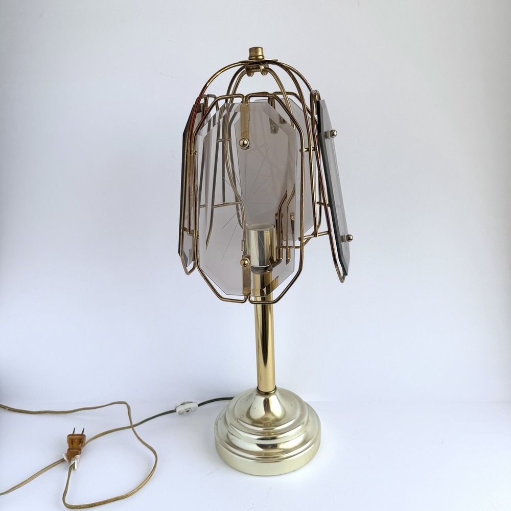 Mcm Starburst Etched Smoky Glass‎ Panel Brass Frame Table Top Accent Lamp VTG
